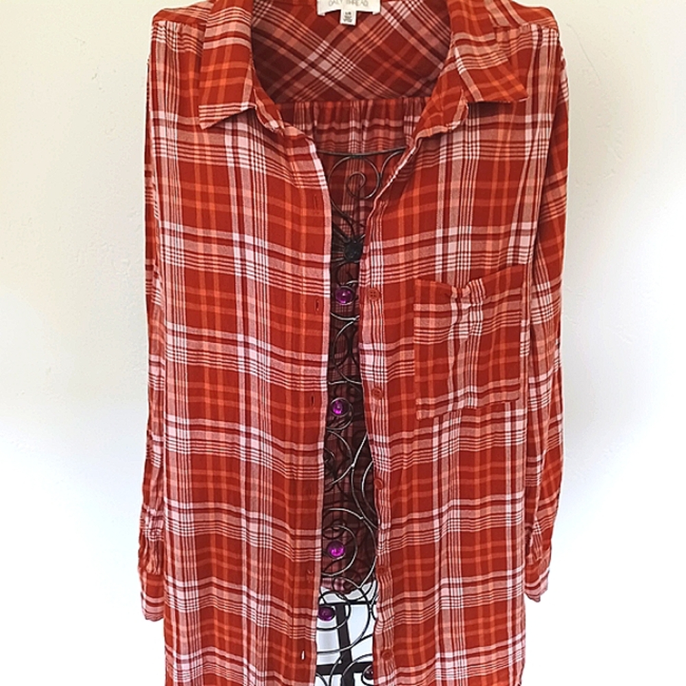Daily Thread Rust Plaid Button-Up Shirt/Shacket - Picture 2 of 11